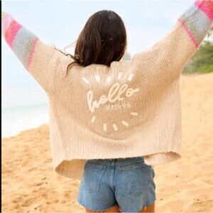 Saltwater Luxe Hello Sunshine Sweater Cardigan Open Embroidered Womens Large